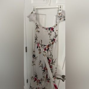 Off shoulder white floral midi dress with slit